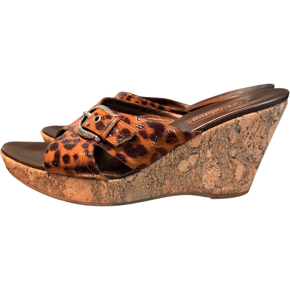 Brighton Summer Leopard Patent Leather Cork Wedge Sandals Brown Black Animal 9.5